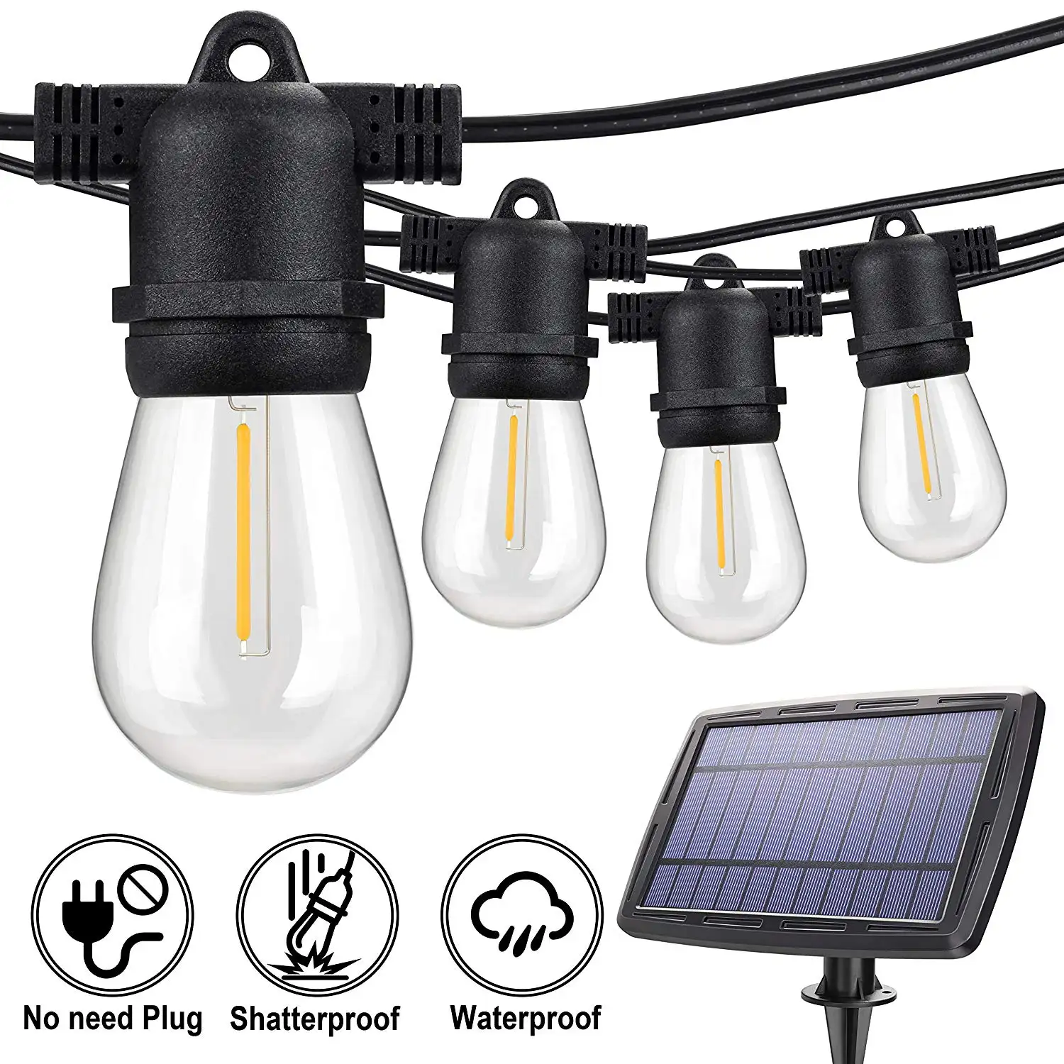 S14ストリングライトSolar Powered String Light 15 LED Bulbs E26 Hanging Indoor Outdoor Garden LightsためPatio/Bistro/Cafe