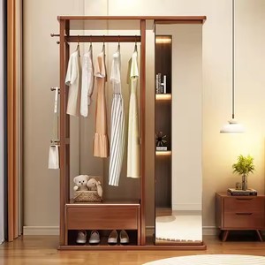Soporte de abrigo y sombrero de espejo de cuerpo entero de madera maciza barata de último estilo con espejo de ajuste giratorio de estante integrado para armarios - Product Image 1