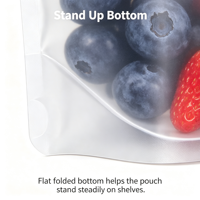 Op maat bedrukte, matglazen staande pouches met logo, ritssluiting, food grade verpakkingen voor vers fruit, snacks en diepvriesopslag
