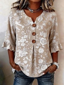 Women's 2025 Spring/Summer Wholesale New European and American Women's V-neck <b>Linen</b> Cotton Button <b>Top</b> - Product Image 6