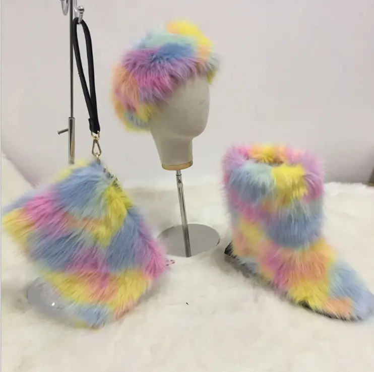 Dropshipping Fall Winter Girl Lady Boots Hat Purse Fur Faux Kids Sets Furry Bag Headbands Womens Toddler Designer Boot Set