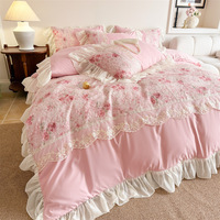 Ensemble de literie en coton lavé style princesse française, 4 pièces, broderie en dentelle, housse de couette à volants, ensemble de draps