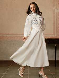 Vestido Ucraniano Largo de Verano con Cuello Alto, Manga Corta, Informal, de Algodón Blanco, Bordado a Máquina, para Mujer, 2025 - Product Image 5