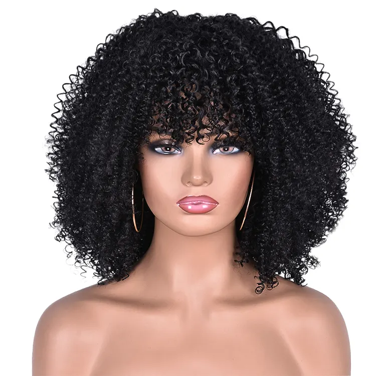 Good quality synthetic vendors color hair Afro short wig kinky curly synthetic wigs with bangs high temperature hair fiber