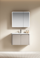 Meuble de salle de bain moderne français de luxe avec miroir intelligent, ensemble vasque en céramique, fixation murale créative en acier inoxydable à double porte