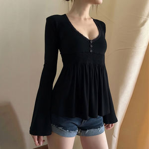 Camiseta de Manga Larga con Botones para Estudiantes Jóvenes, Color Sólido, Ribete de Encaje, Cuello en V, Ajuste Holgado, Talla Grande, Informal, Anti-UV, Transpirable - Product Image 2