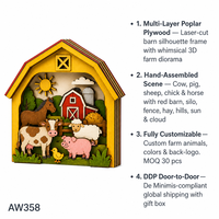 Diorama de grange agricole Shadowbox |   Scène de vaches, cochons, moutons et chevaux découpée au laser en contreplaqué de peuplier multicouche |   Silo de grange rouge |   Vente en gros OEM