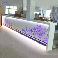 Bar à cocktails commercial moderne, comptoir personnalisé avec surface solide en Corian bleu floral et blanc, éclairage LED, pour boissons, jus, bière