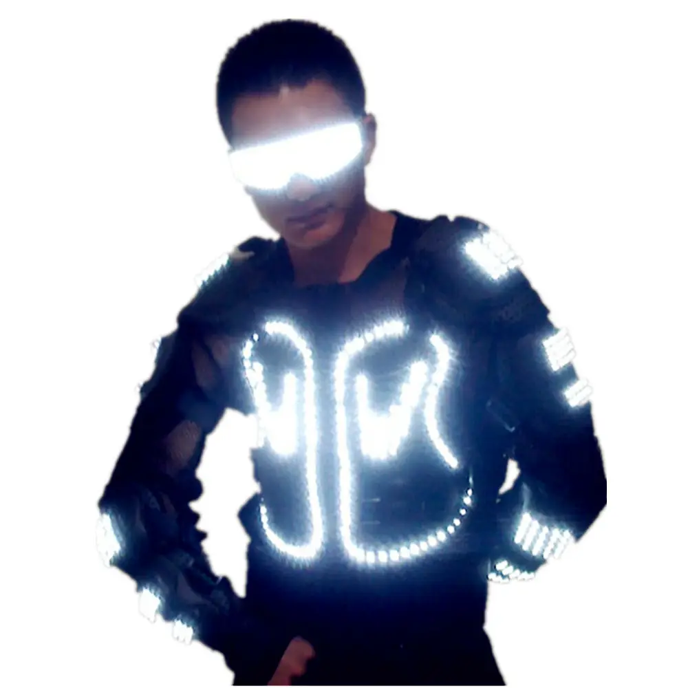 אופנה חליפת רובוט זוהר LED גידול אור Armor תלבושות עם Led משקפי מועדוני לילה מסיבת בגדי ריקוד DJ