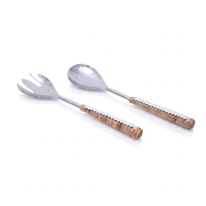 Cuchara y tenedor de acero inoxidable de estilo vintage con mango de ratán, utensilio de cocina para decoración del hogar, ¡muy vendido! - Product Image 1