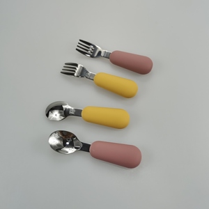 Ensemble Cuillère et Fourchette à Riz pour Bébé en Acier Inoxydable Durable, 2-4 Ans, Couleurs Vives, Ustensiles d'Alimentation Manuels en Silicone à Manche Court - Product Image 2