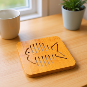 Sous-verre en bambou en forme de poisson, carré naturel, anti-brûlure, pour table domestique, style moderne, découpe et impression - Product Image 2