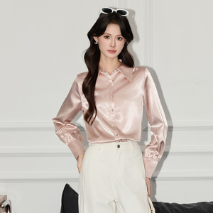 Women's <b>Satin</b> Shirt Long Sleeve Turn Down Collar Solid Color Office Wear Polyester Fabric Elegant Style Slim Fit <b>Blouse</b> - Product Image 2
