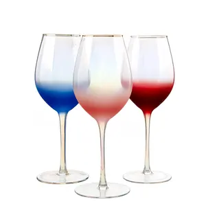 Copa de Navidad Samyo de tallo largo de cristal azul, copa de vino tinto, copas de vino grabadas personalizadas con borde dorado