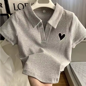 Aime broderie T-shirt Polo col Orthoshoulder Slim Hotsweet femmes haut court amérique mode Hottie Simple décontracté en gros - Product Image 3