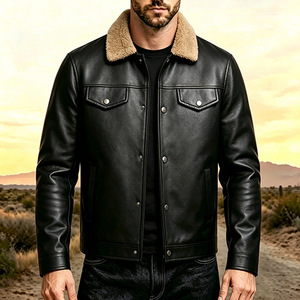 Chaqueta de cuero para hombre de invierno, forrada con sherpa, cuello con botones, longitud regular, ropa exterior informal. - Product Image 2