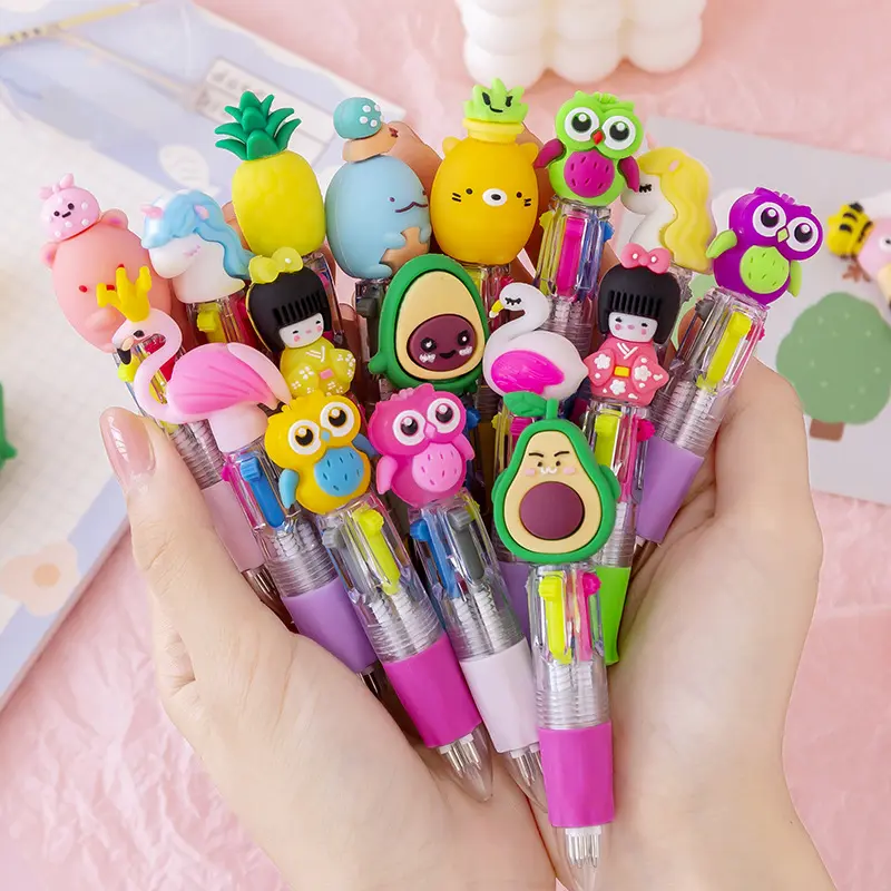 Мини 4 цвета шариковая ручка Милая Короткая 4 в 1 многоцветная ручка с мультяшным ПВХ головкой Шариковая ручка для детей