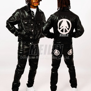 Custom <b>Embroidery</b> Patch High Quality Pu Leather Jackets and Pu Leather Pants and Jacket Two Piece <b>Set</b> Men - Product Image 1
