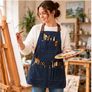 Delantal de Artista Azul Marino con Tirantes en Contraste Color Bronceado y Bolsillos para Herramientas, Ideal para Pintura y Talleres de Manualidades - Product Image 3