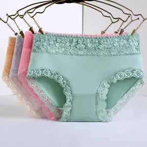 Cueca de renda preta personalizada, roupa íntima para meninas, jovens, de algodão, respirável, cintura alta, imagens de calcinha de renda, em massa