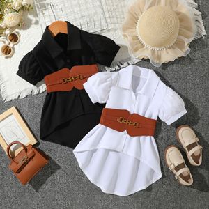 Robe chemise ample à col rond et revers, unie, à manches courtes, style été, pour filles, avec ceinture en PU - Product Image 2