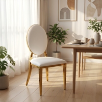 Chaise de banquet de luxe en acier inoxydable doré, dossier rond solide, revêtement blanc, pour mariage, hôtel, villa, salle à manger