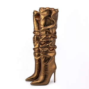 Big Size 47 Stiletto Style High Slim Heels Shoes Women Pointed Toe Pleated Knee High Boots on Top Stretch <b>Long</b> Booties - Product Image 1