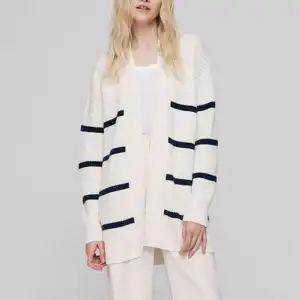 2023 Knitwear Supplier Custom Black White Cotton Plus Size Ribbed Knit Long Sleeve Open Front Striped Cardigan Sweater For Women