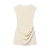 Robe d'été décontractée plissée sans manches à col rond de couleur beige pour femmes
