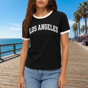 T-shirt noir à col rond pour femme, imprimé Los Angeles, manches courtes, jersey décontracté, polyester/coton, léger, appliques pour jeunes - Product Image 2