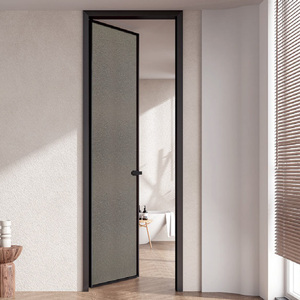 Portes <span class=keywords><strong>de</strong></span> toilettes modernes à simple battant en aluminium, <span class=keywords><strong>cadre</strong></span> en aluminium noir sur mesure, verre trempé dépoli, isolation phonique, cuisine, chambre - Product Image 6