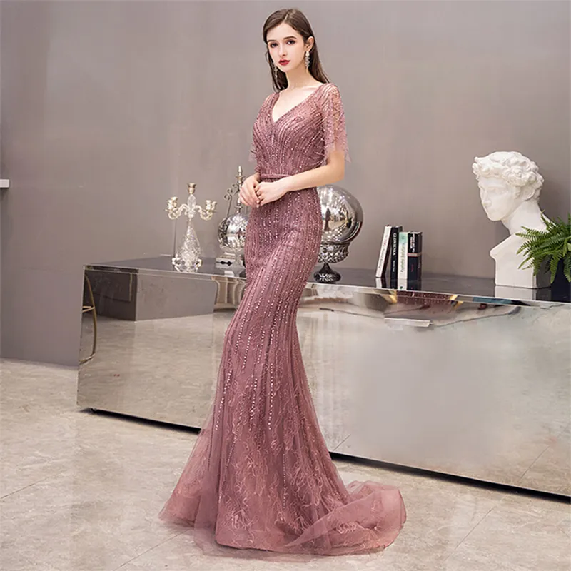 New Arrival Light Luxury Evening Gowns Elegant Lace Embroidered Dress Popular Sexy V-neck Handmade Beaded Dresses for Women