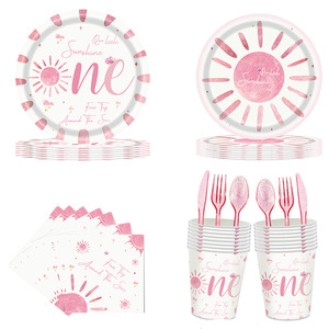 Sun-Themed Party <b>Paper</b> Plates Set Pink Disposable Birthday Decor for Children's Parties Age 2-4 Years - Product Image 1