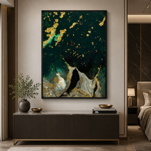 Moderno Lussuoso Triptico su Tela Verde Smeraldo e Foglia d'Oro, Dipinto Astratto Effetto Marmo e Agata per Arredamento Soggiorno - Product Image 2