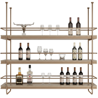 Étagère à vin suspendue en acier inoxydable bronze, 3 niveaux, étagère murale pour bar, étagère à vin suspendue pour bar à domicile avec étagère en bois