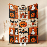 Couverture douce à carreaux patchwork Halloween Citrouille Fantôme Chauve-souris pour lit, canapé, voyage, camping