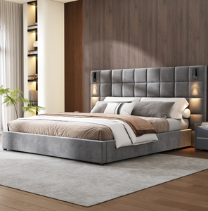 เตียงคิงไซส์ทรงกลมทันสมัย OE HOME หุ้มผ้าสีเทาแบบ Tufted พร้อมโคมไฟอ่านหนังสือปรับได้ พอร์ต USB ดีไซน์อัจฉริยะ นุ่มสบาย เป็นมิตรกับสิ่งแวดล้อม - Product Image 1