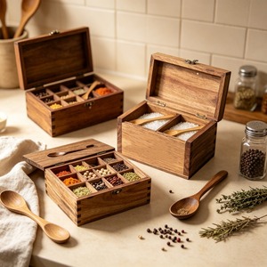 Scatola per <span class=keywords><strong>Spezie</strong></span> in Legno Multiforme, Organizzatore Esagonale e Rettangolare in Legno di Acacia con Coperchio per <span class=keywords><strong>Spezie</strong></span> da Cucina - Product Image 5
