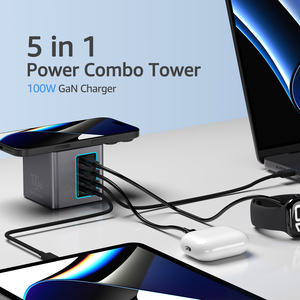 Station de charge USB à ports multiples, <span class=keywords><strong>tour</strong></span> multiprise 100W avec chargeur <span class=keywords><strong>sans</strong></span> <span class=keywords><strong>fil</strong></span> 15W Station de charge de bureau pour iPhone 16 Ordinateur portable - Product Image 3