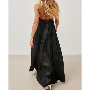 Robe longue en satin noir froissé pour femme, nouvelle collection 2026, sans manches, coupe ample, robe de soirée, service OEM ODM personnalisé - Product Image 2