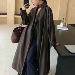 Maxi <span class=keywords><strong>Trench</strong></span> <span class=keywords><strong>in</strong></span> <span class=keywords><strong>ecopelle</strong></span> con Silhouette drappeggiata, elegante abito Vintage da pendolarismo da <span class=keywords><strong>donna</strong></span> con risvolto a scialle - Product Image 4