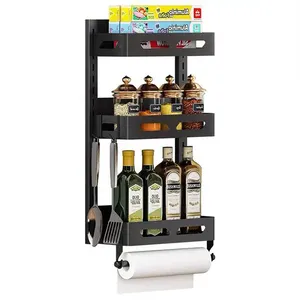 2023 Magnetic Fridge Organizer with Paper Towel Holder and Mobile Hooks 3-Tier Kitchen Magnetic Spice Rack
