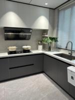 Aparador Moderno con Cajones, Diseño sin Tiradores, Gabinete de Almacenamiento Gris para Sala de Estar de Apartamento