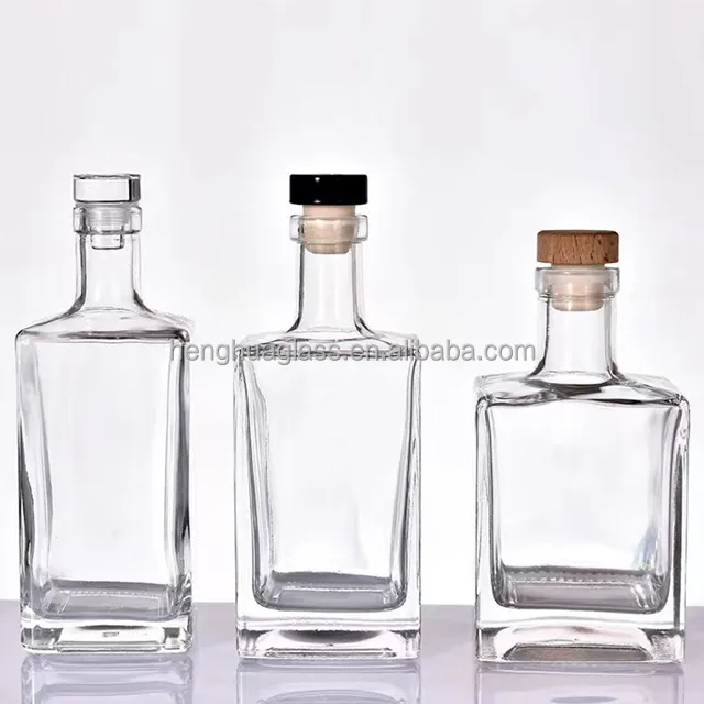 High Quality 375ml 500ml 750ml Rectangle Super Flint Glass Liquor Bottles Square Rum Whiskey Gin Spirit Glass Bottle With Cork