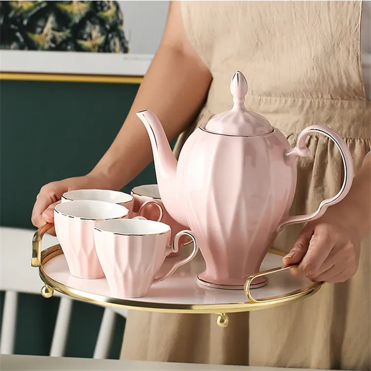 Elegant afternoon tea gold rim pink glaze porcelain coffee and tea set with serving tray