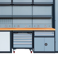 Ensemble d'armoires à outils modulaires en acier robuste, poste de travail avec plateau en bois, panneau perforé, tiroirs et casiers pour garage automobile