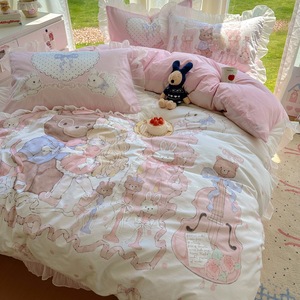Ropa de <span class=keywords><strong>cama</strong></span> para niños Linda caricatura impresa Rosa edredón funda de edredón de encaje sábanas de algodón juego de <span class=keywords><strong>cama</strong></span> de cuatro piezas en Stock - Product Image 2