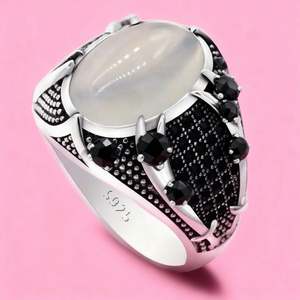 Anelli Islamici Retrò Punk, Gioielli Musulmani di Tendenza, Anello Vintage Turco con Doppia <span class=keywords><strong>Spada</strong></span> e Pietra Nera per Uomo - Product Image 2