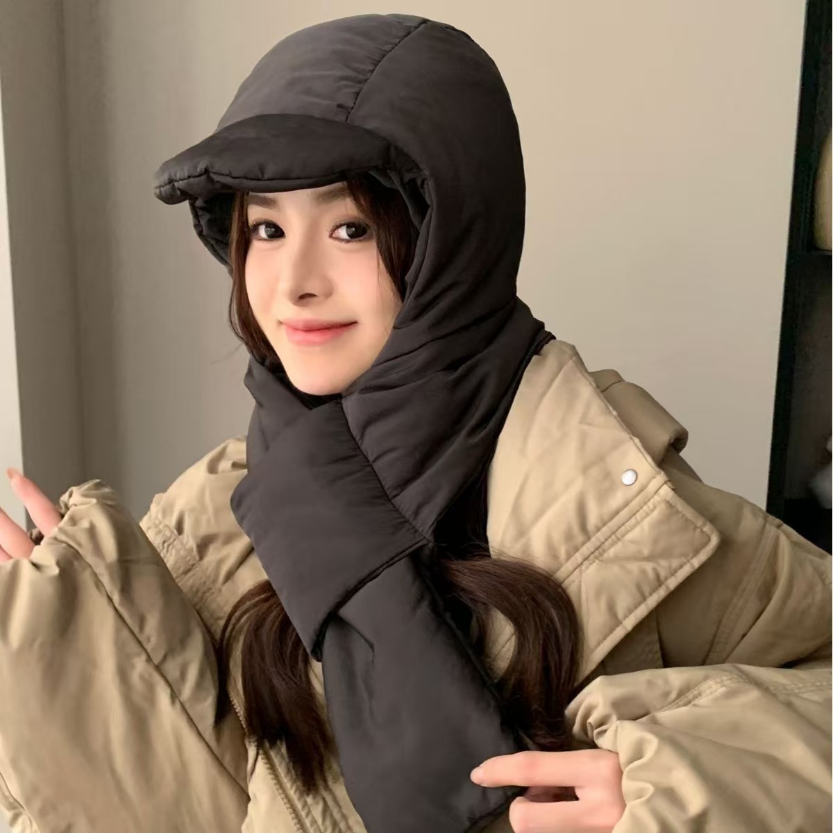 WJ9 Trendy Scarf Hat Women Warm Lei Feng Hat Ear protection Cold Proof Keeping Down Cap Winter Hat