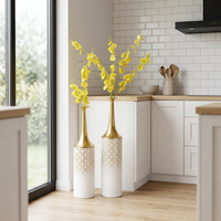Ensemble de 2 vases de sol en métal, hauts, faits à la main, style Art Déco, décoratifs, en fer, motif Ginkgo blanc et or, pour mariage et décoration intérieure, vase à fleurs
